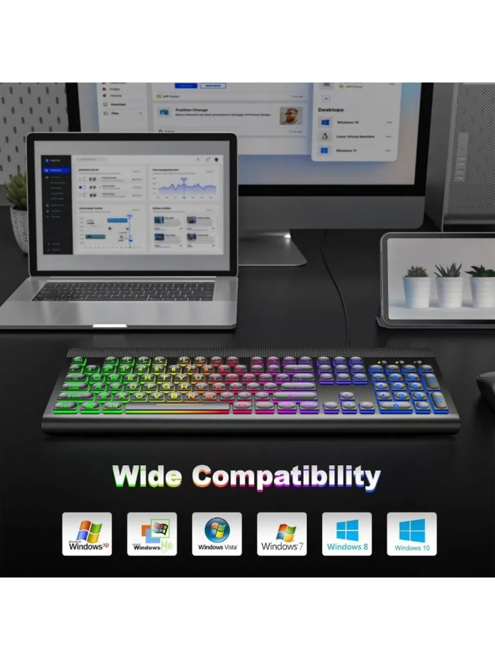 Large Print Backlit USB Keyboard - Full Size Rainbow LED for PC, Laptop & Gaming